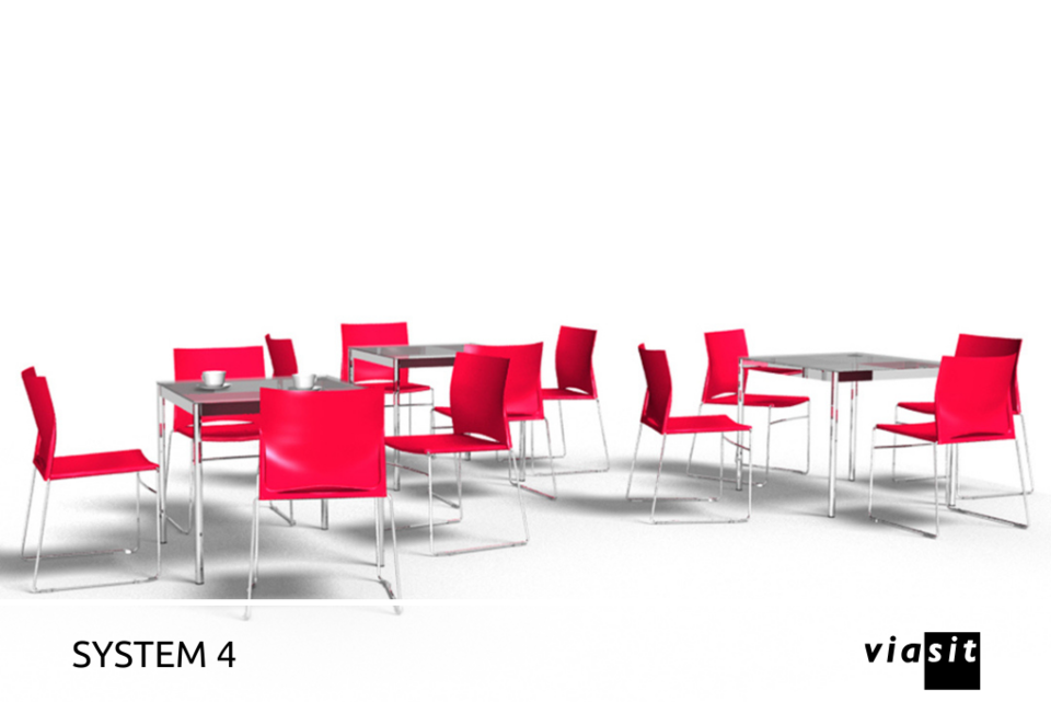 Foto: die System 5 Stühle und Tische von Viasit als Kantineneinrichtung in knalligem Rot
