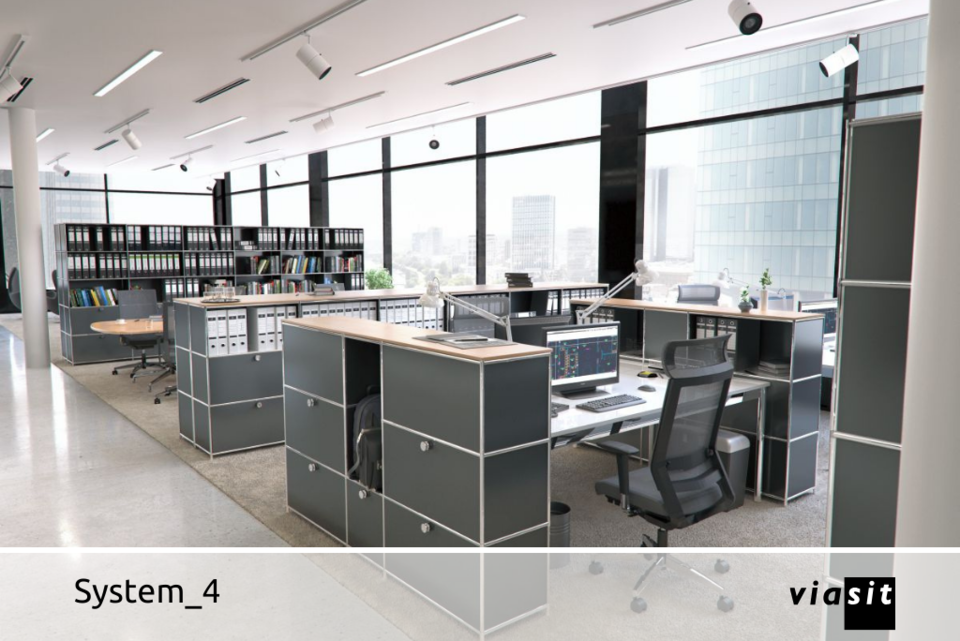 Foto: das "System 4" von Viasit im Einsatz im Büro - das patentierte Stecksystem ermöglicht die Schaffung von viel Stauraum rund um Ihren Arbeitsplatz