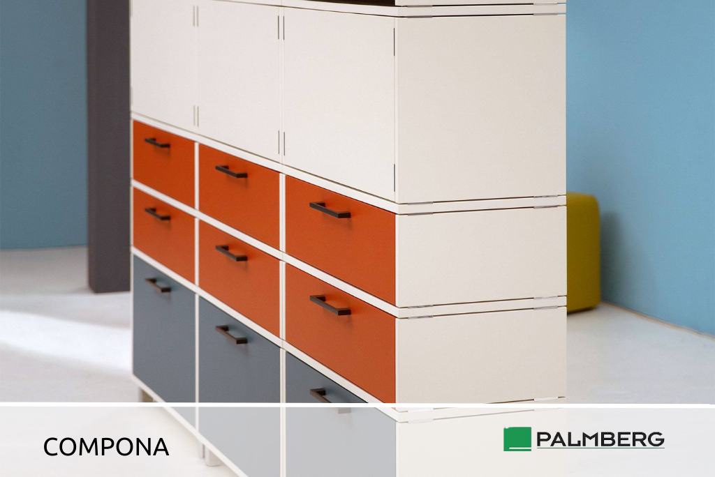 Foto: das Compona Highboard von Palmberg in Blau Orange und weiß mit Schubladenfächern