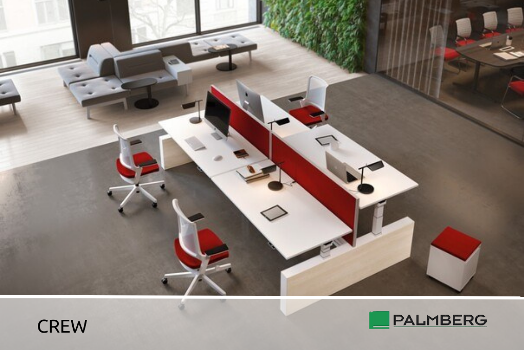 Foto: eingerichtetes Büro mit weißen, höhenverstellbaren Tischen "Crew" von Palmberg