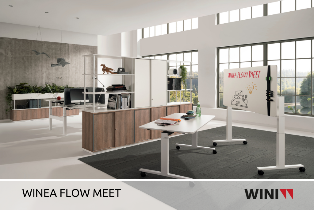 Winea Flow Meet von Wini: Schreibtisch trifft auf Whiteboard. Mit nur einer Handbewegung kippen Sie die Tischplatte in die Vertikale und verwandeln Ihren Meetingtisch in ein Whiteboard.