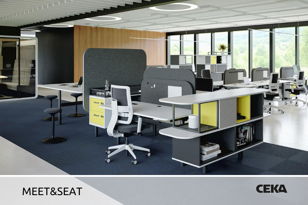 Schreibtisch weiß Foto: voll eingerichtetes Großraumbüro mit Tischen und Stauraum, die Möbel: "Meet & Seat" von Ceka
