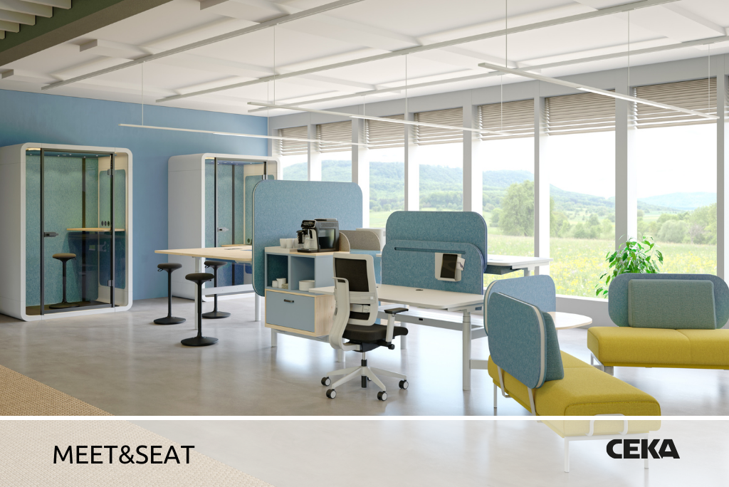 Foto: eine helle, bunte Bürolandschaft mit "Meet & Seat" von Ceka
