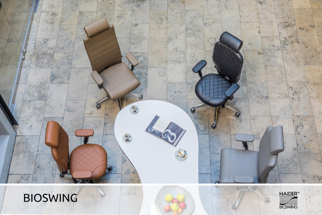 Foto mehrerer Bioswing Bürostühle der Firma Haider, verschiedene Modelle und Farben
