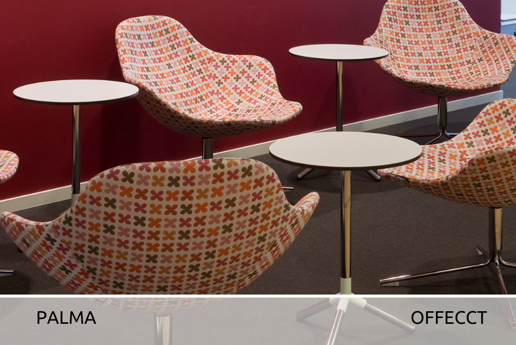 Foto mehrerer Stühle des Modells Palma der Forma Offecct, in gemustertem Stoff