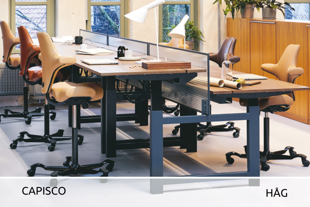 Foto: Co-Working Space, verschiedene Modelle des HAG Capisco in unterschiedlichen Bezugsstoffen