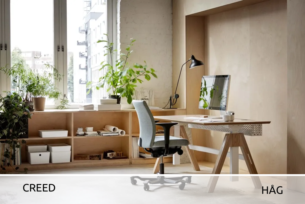 Foto: Modernes Büro oder Home Office mit höhenverstellbarem Tisch und dem Stuhl "Creed" der Firma HAG